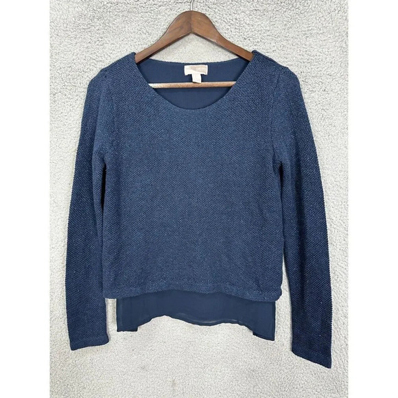 Forever 21 top womens small blue metallic weave sheer hem open back casual layer - Picture 1 of 5